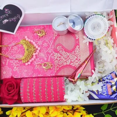 Pink Katan Shari Combo – গোলাপি কাতান শাড়ি সেট